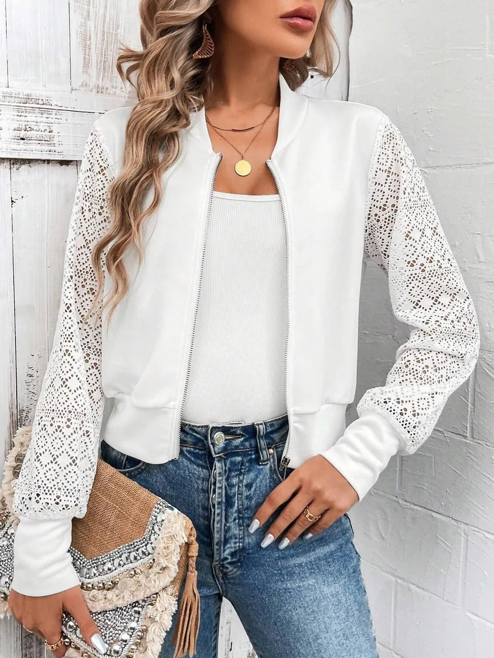 Baseball Collar Lace Patchwork Long Sleeve Jacket in White, view 2
