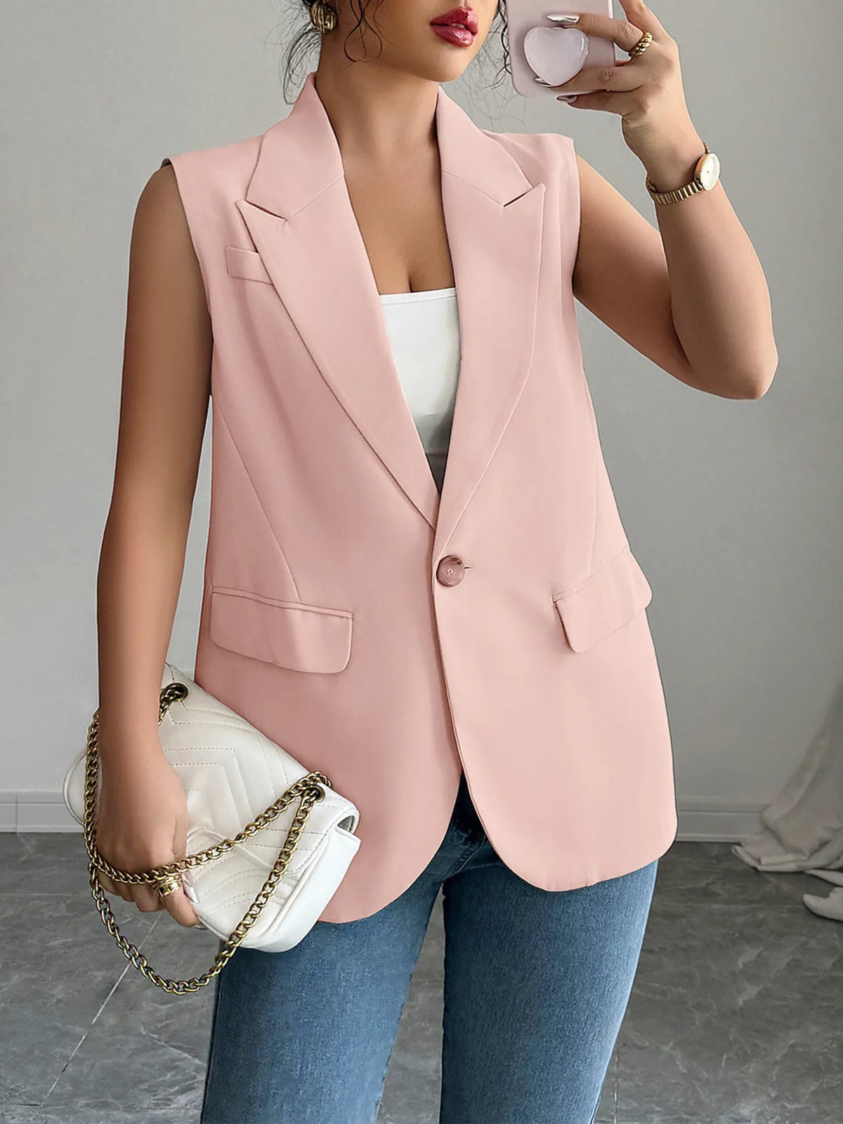 One Button V-Neck Blazer Vest Coat, view 7