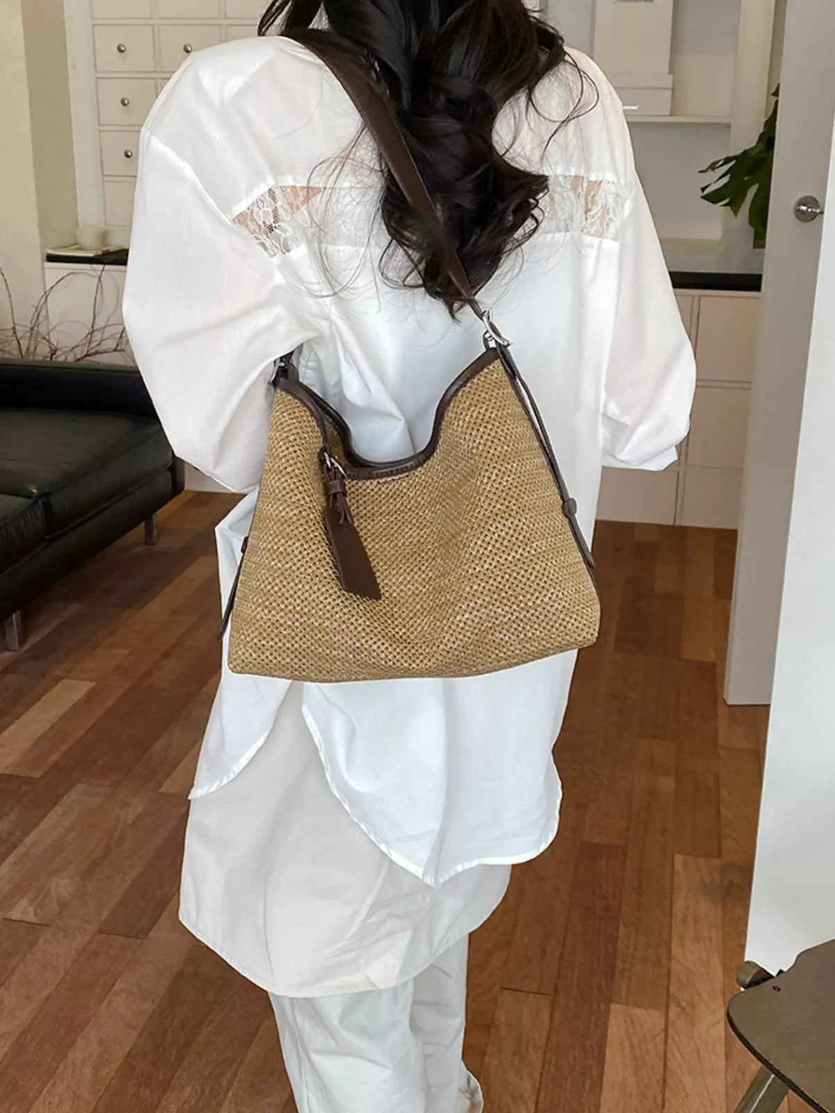 Leather Trim Woven Shoulder Bag - Lilixa.store