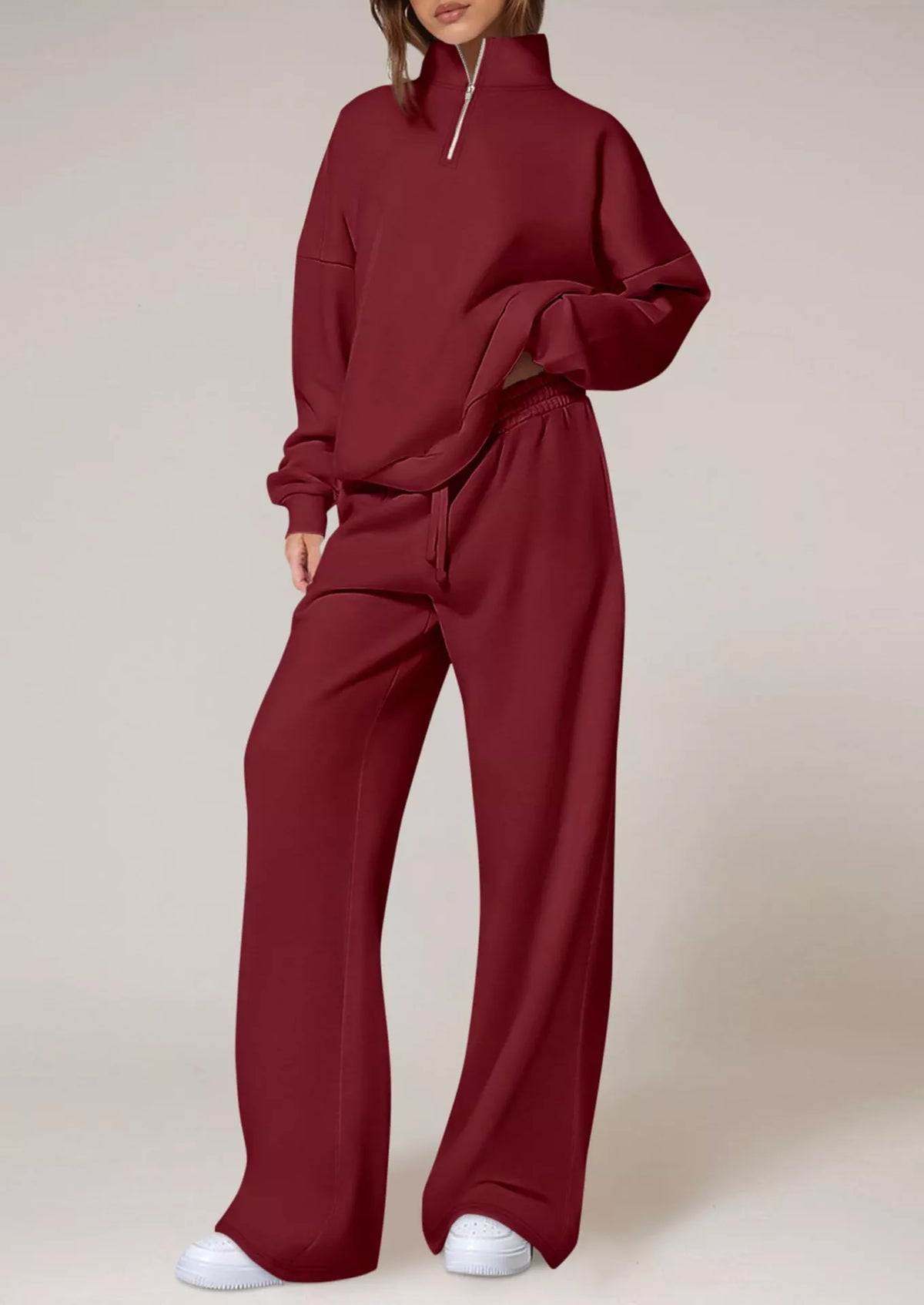 Half-Zip Sweatshirt and Wide-Leg Sweatpants Set in Burgundy