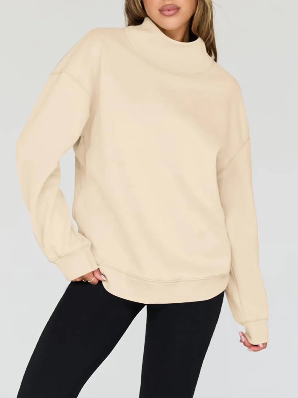 Mock Neck Drop Shoulder Long Sleeve Sweatshirt - Lilixa.store
