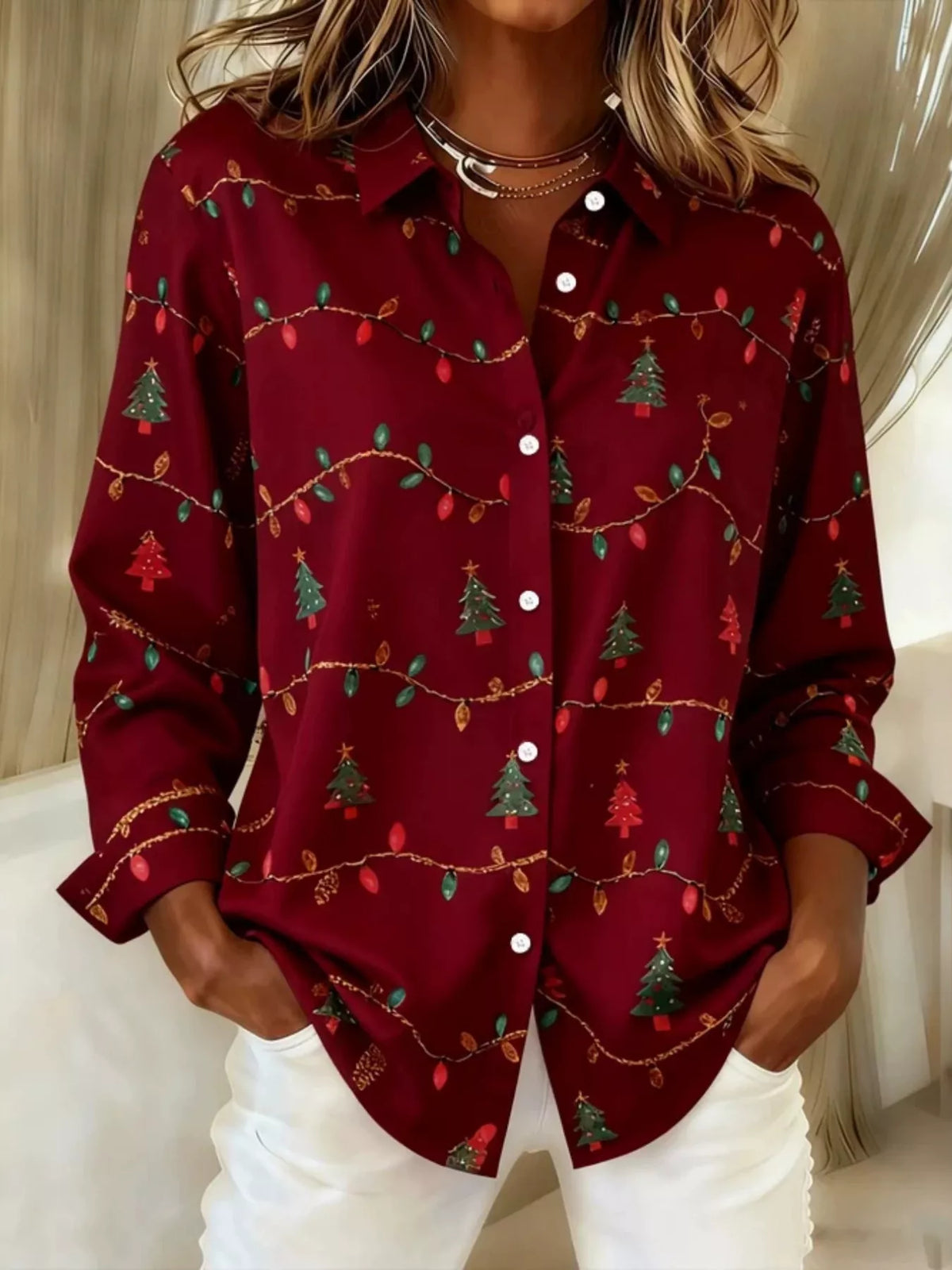 Full Size Christmas Tree Print Long Sleeve Button-Down Shirt Plus Size in Burgundy