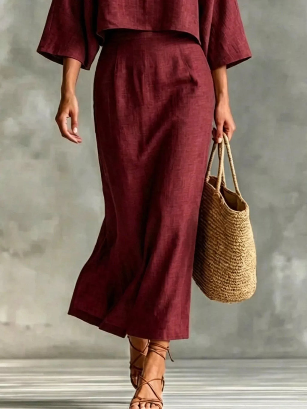 Full Size Solid Color Cropped Top and Midi Skirt Set Plus Size - Lilixa.store