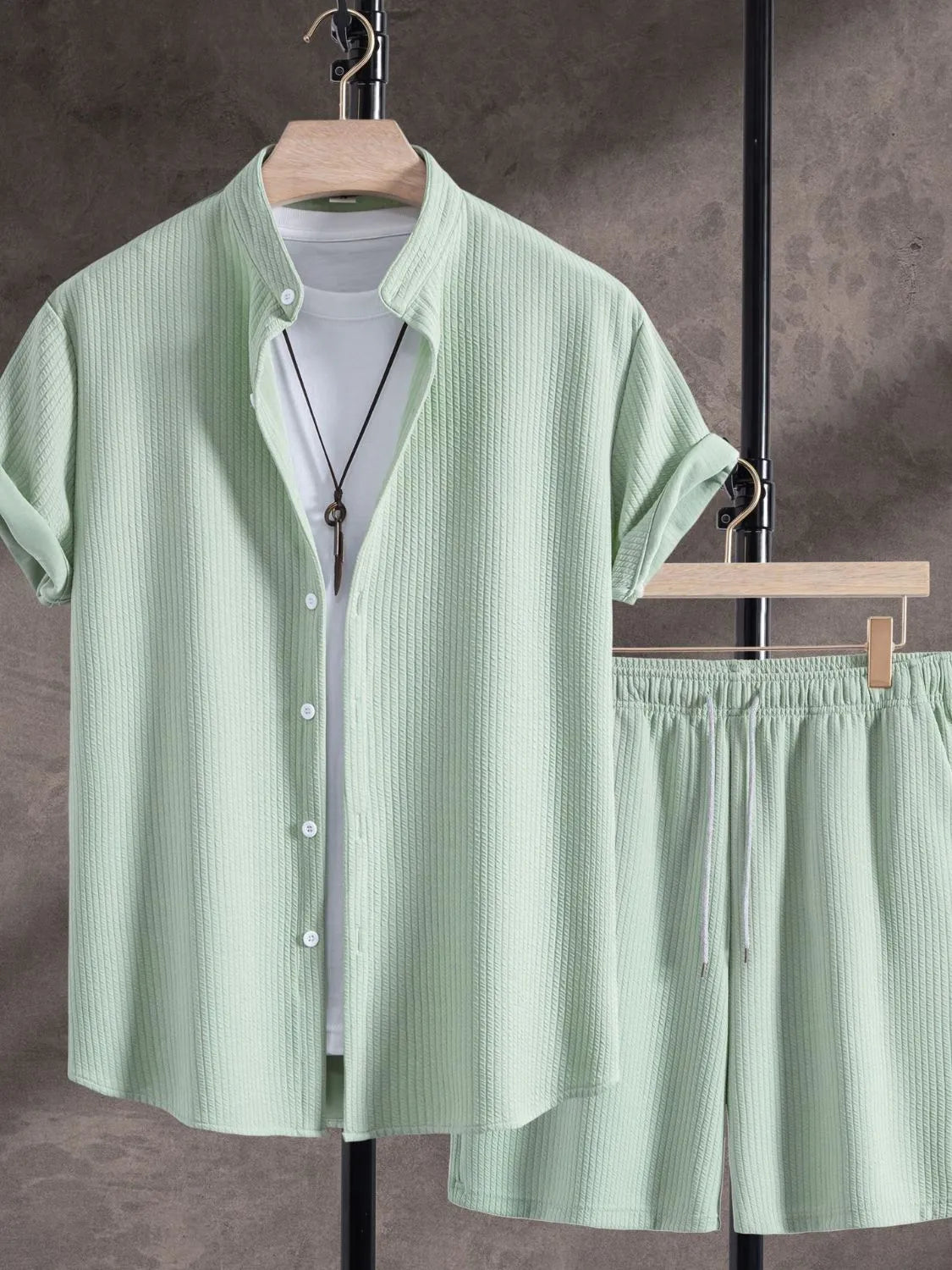 Men's Ribbed Short Sleeve Shirt and Shorts Set in Green
