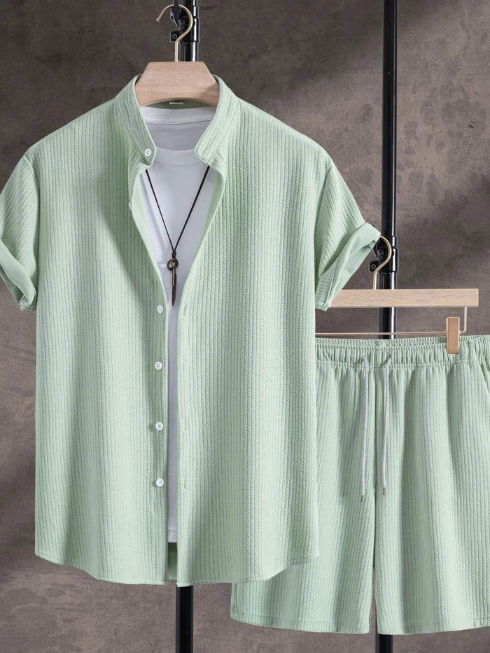 Men's Ribbed Short Sleeve Shirt and Shorts Set in Green
