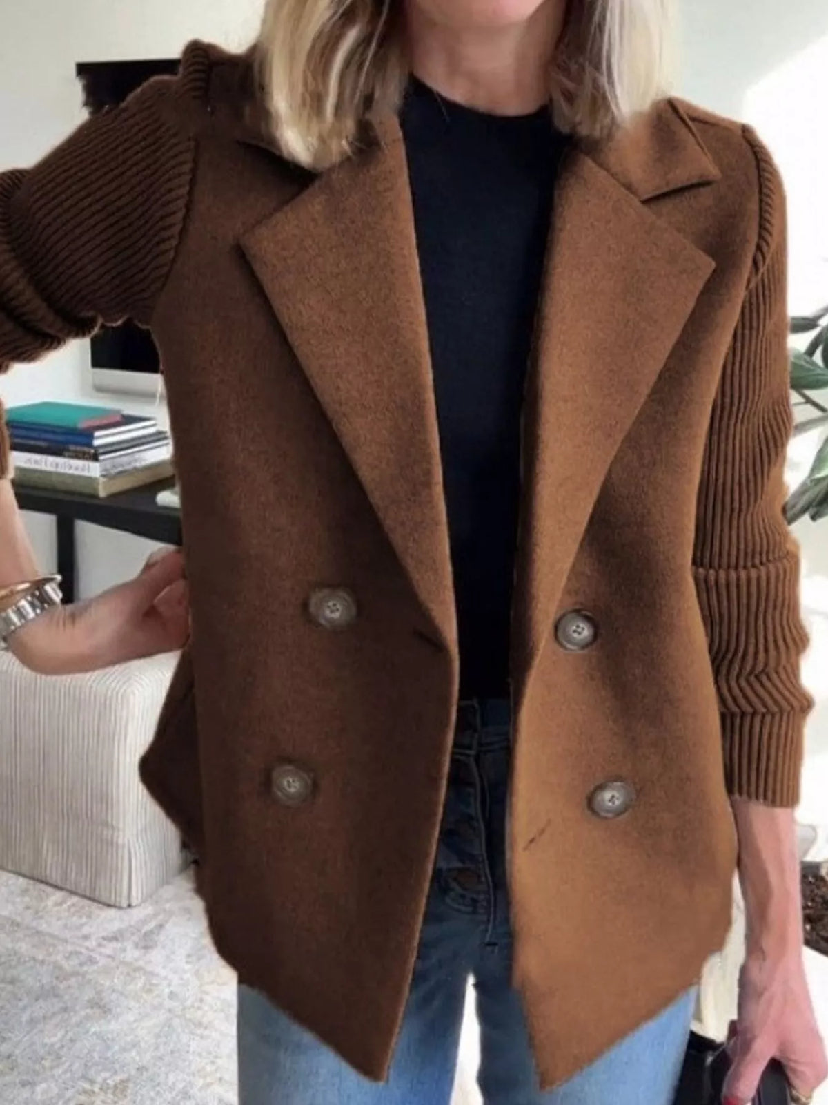 Full Size Knit Sleeve Double-Breasted Outerwear Plus Size in Brown