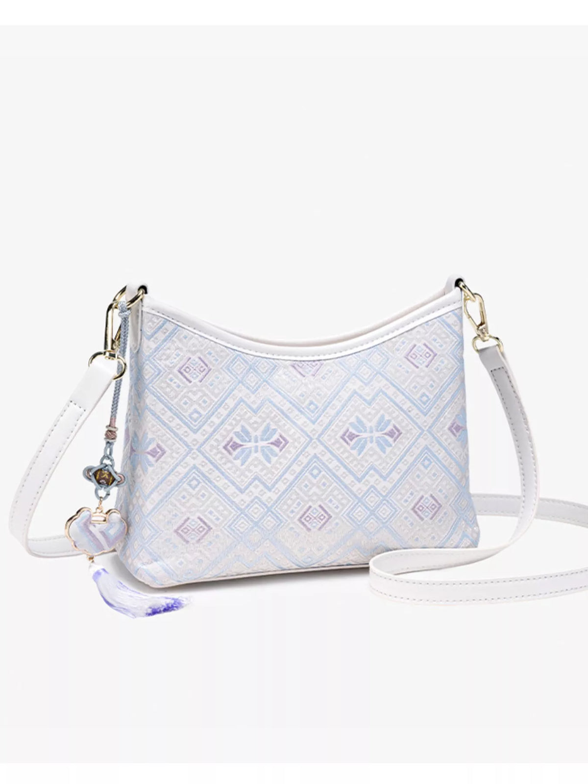 Geometric Pattern Jacquard Crossbody Bag with Tassel Charm in White, view 7