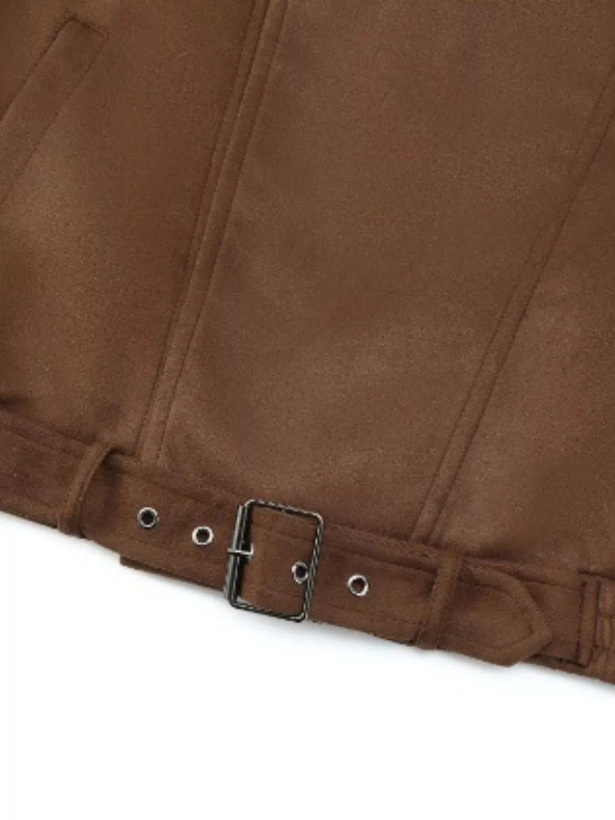 Asymmetrical Zipper Moto Jacket with Belt Detail in Brown, view 4