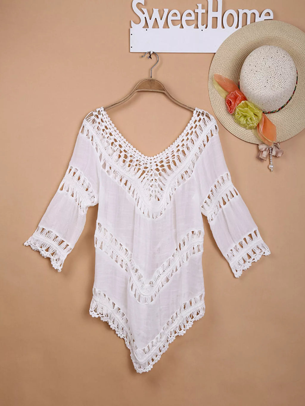 Crochet Trim V-Neck Cover Up - Lilixa.store