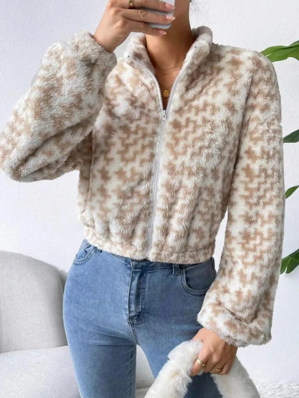 Zip Up Long Sleeve Fuzzy Outerwear - Lilixa.store