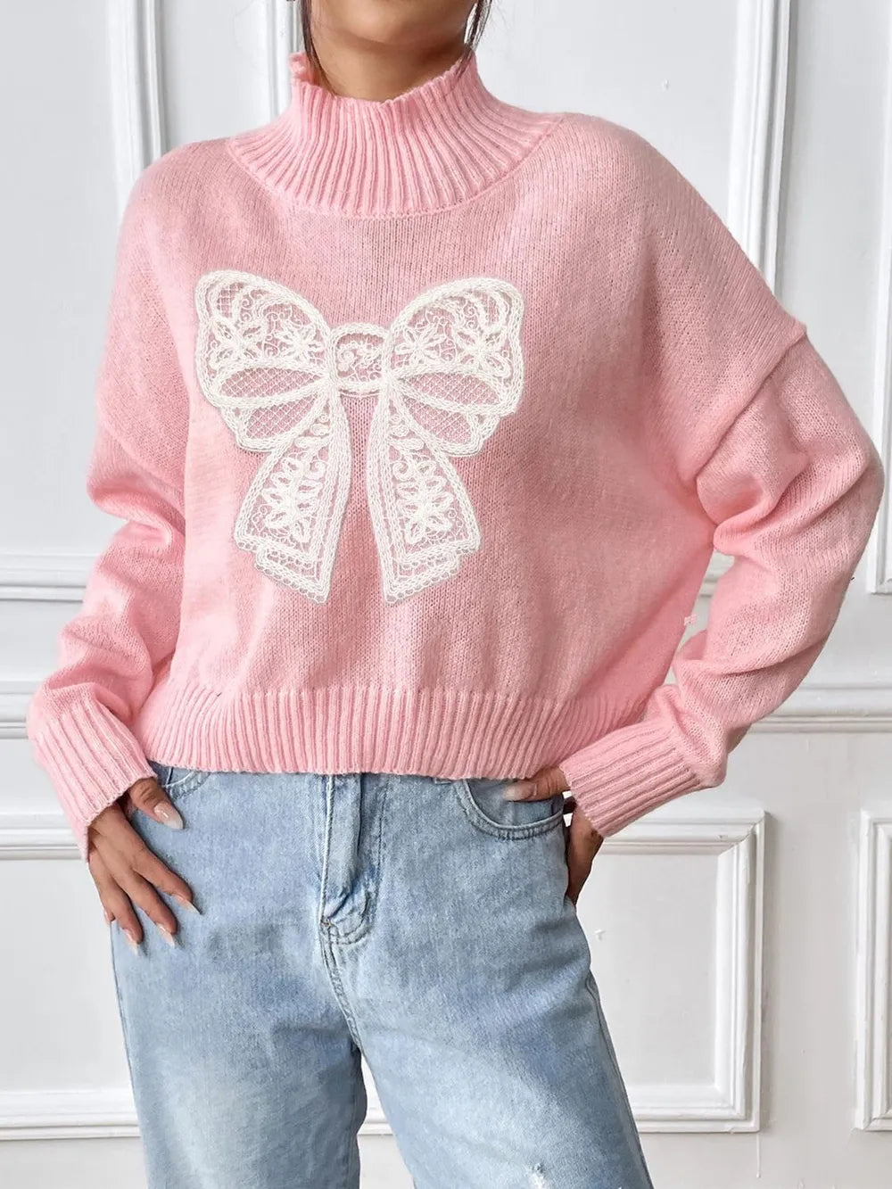 Bow Turtleneck Long Sleeve Sweater - Lilixa.store