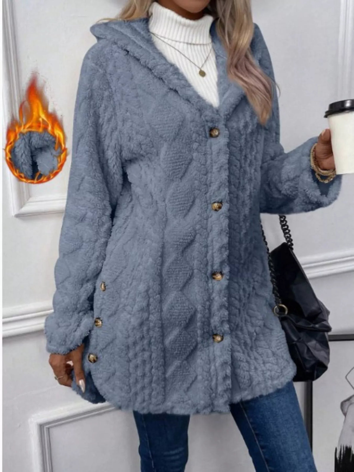 Full Size Button-Down Hooded Outerwear Plus Size in Blue