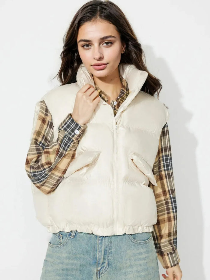 Zip Up Vest Coat with Pockets in Cream