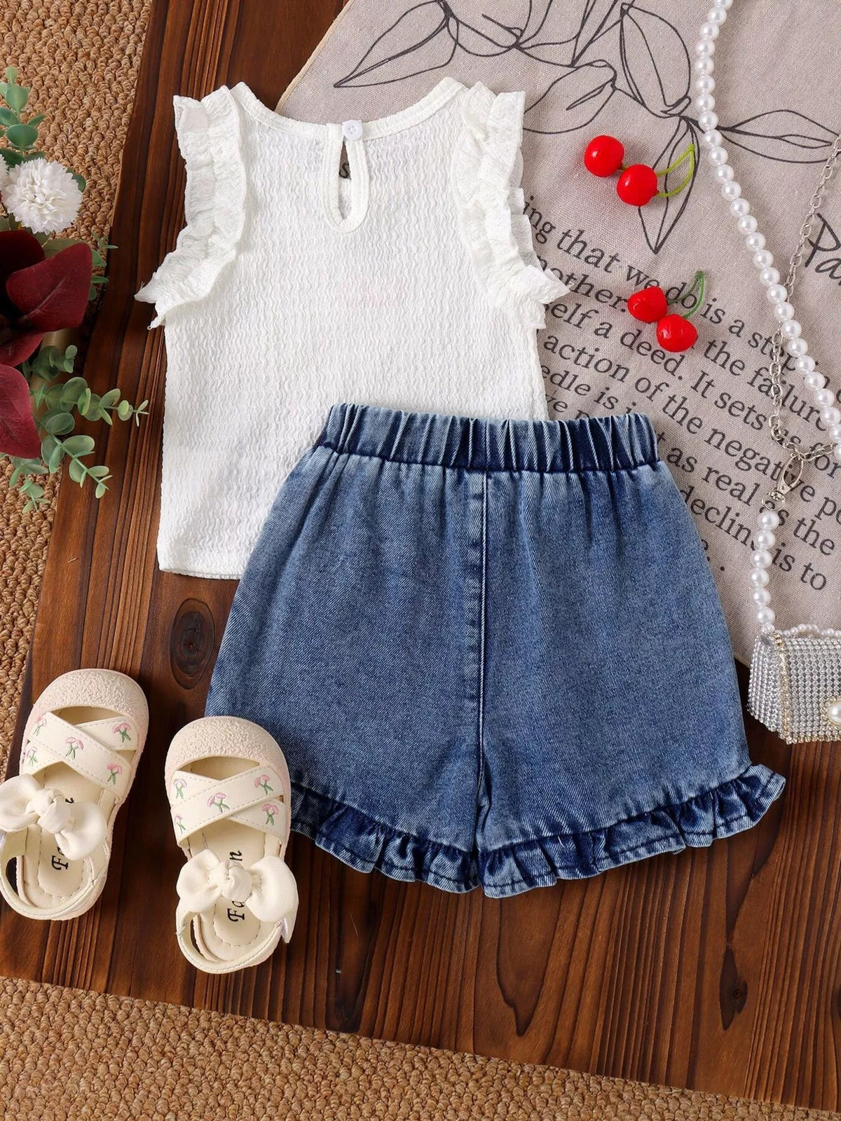 Children's Cherry Embroidered Top and Denim Shorts Set - Lilixa.store