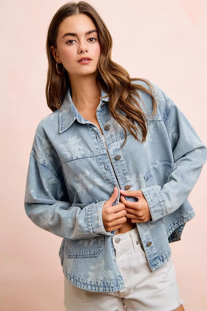 BiBi Printed Washed Denim Jacket With Pocket, view 12