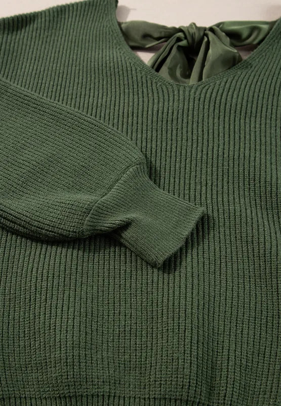 Tied Back V-Neck Long Sleeve Sweater - Lilixa.store