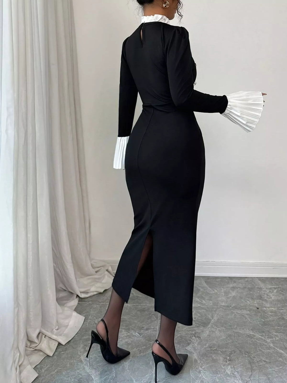 Two Tone Long Sleeve Midi Dress - Lilixa.store