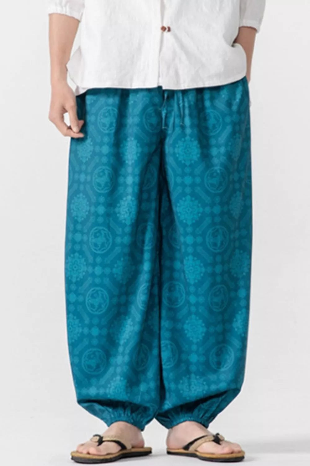 Men's Plus Size Printed Loose Fit Harem Pants in Turquoise