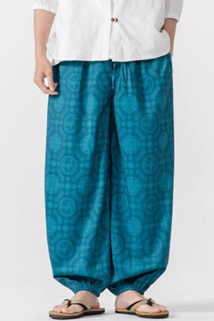 Men's Plus Size Printed Loose Fit Harem Pants in Turquoise