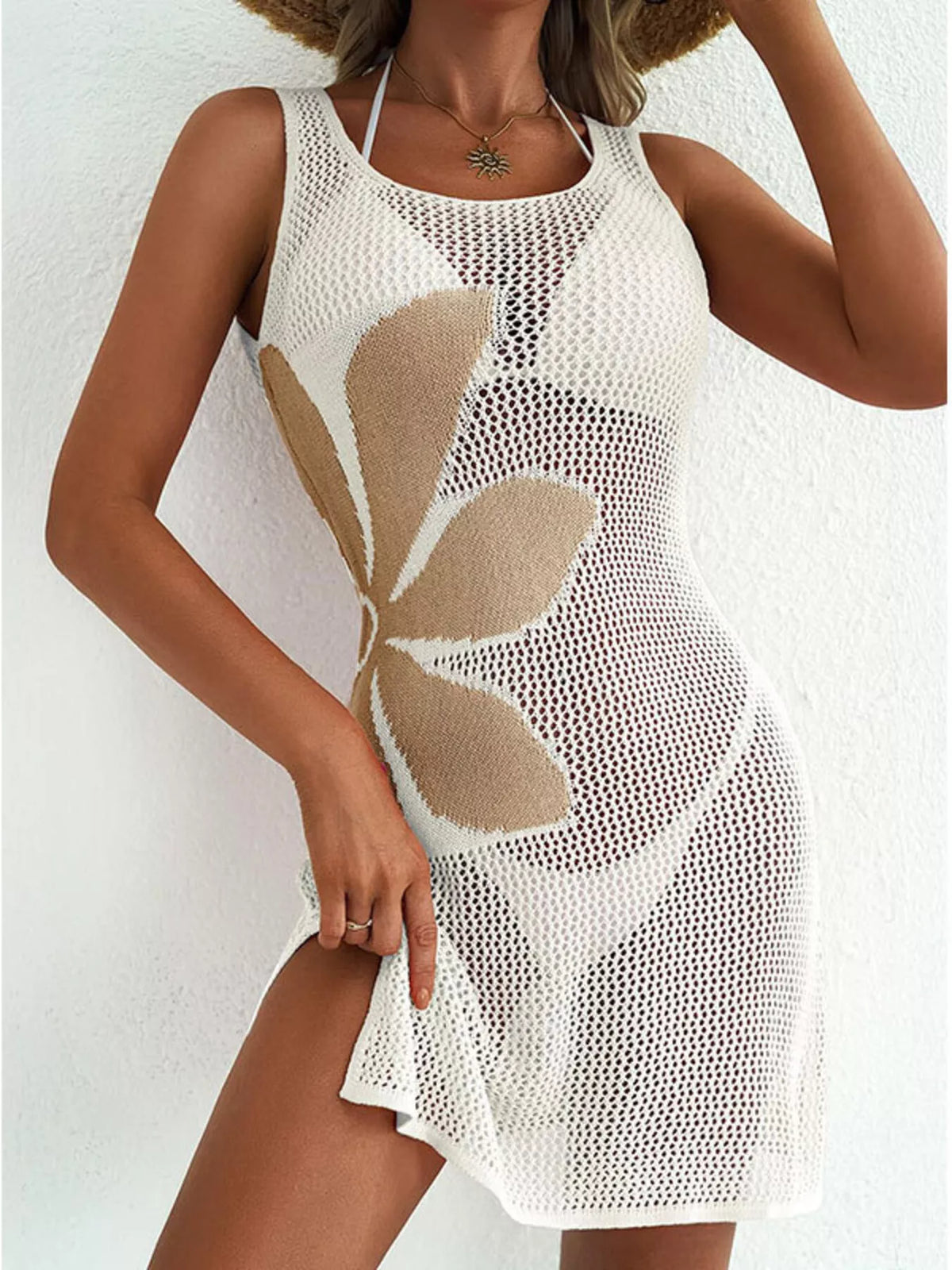 Side Slit Flower Crochet Knit Cover Up Dress in White