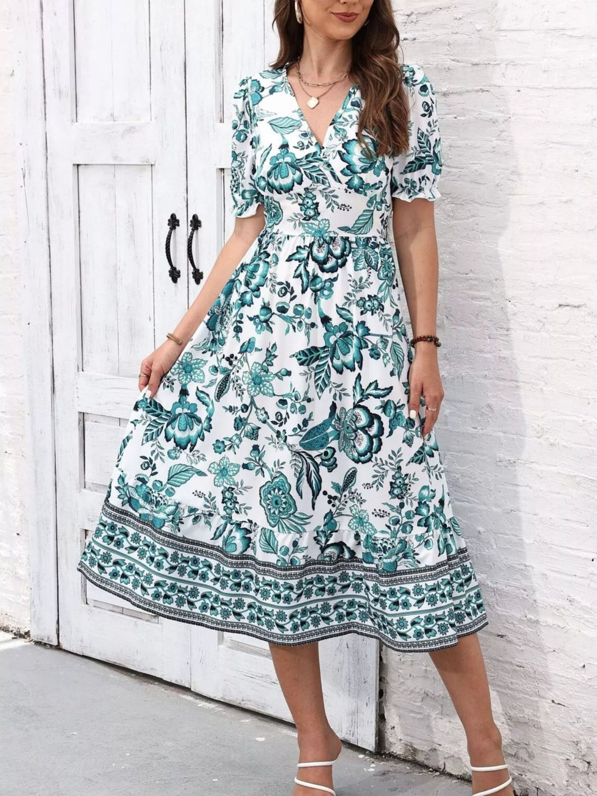 Floral Print Puff Sleeve Wrap Midi Dress