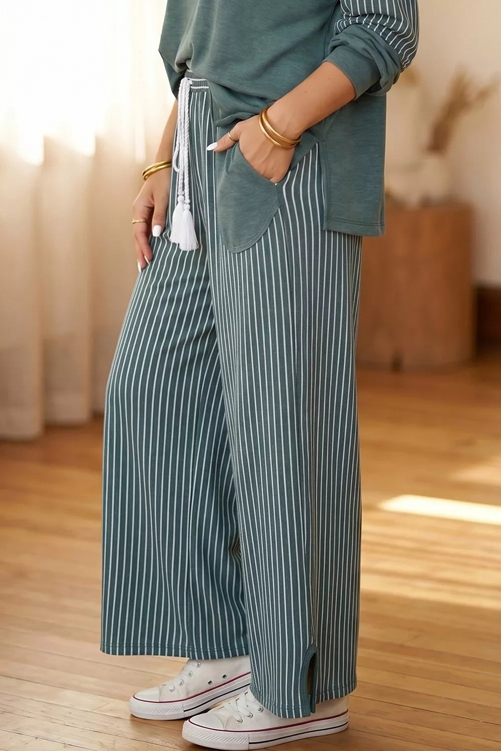 Raw Seam Patchwork Long Sleeve Top Pocket Casual Pants 2pcs Set in French Blue, view 4