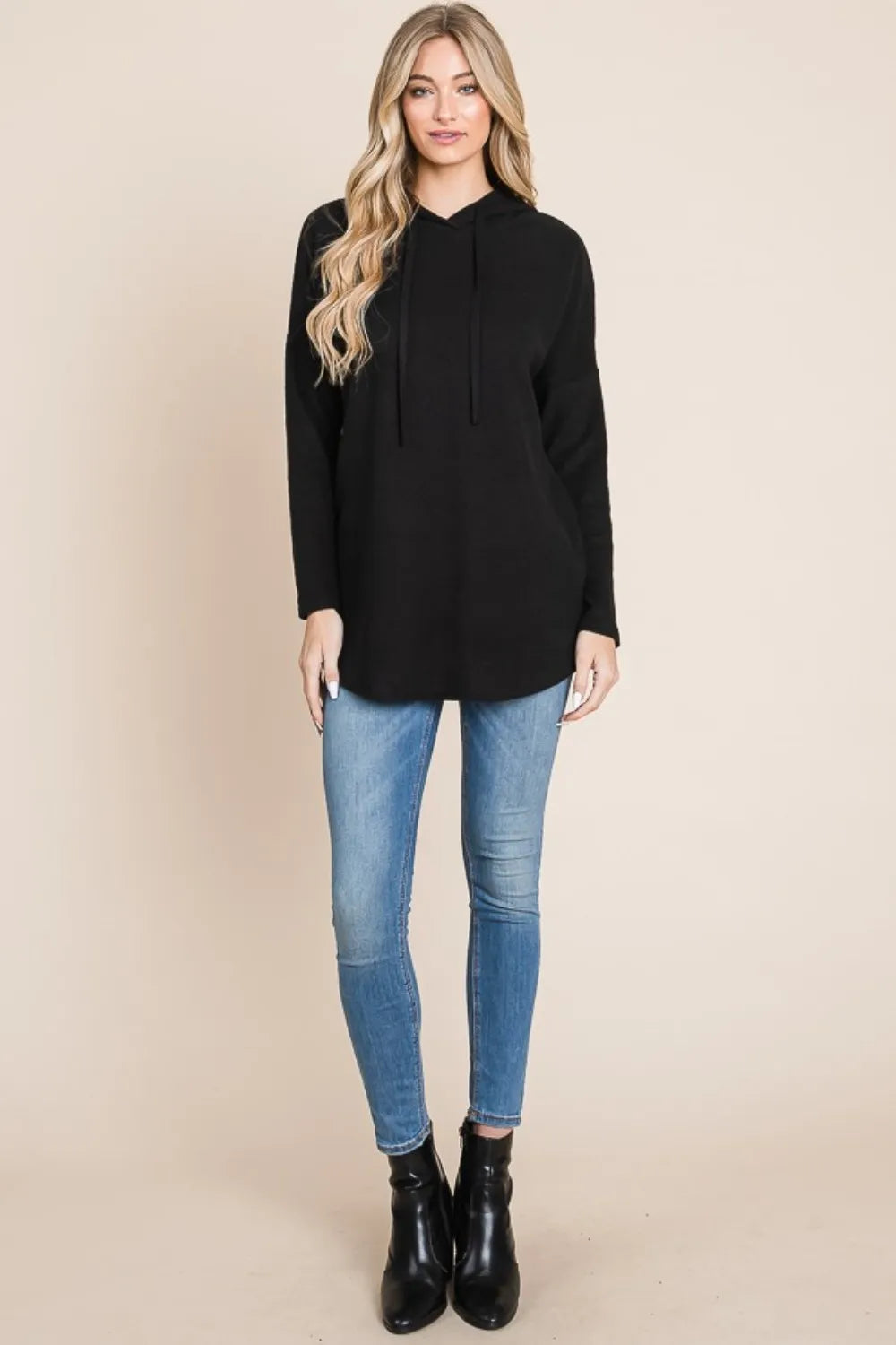 BOMBOM Contrast Drawstring Drop Shoulder Knit Hoodie - Lilixa.store