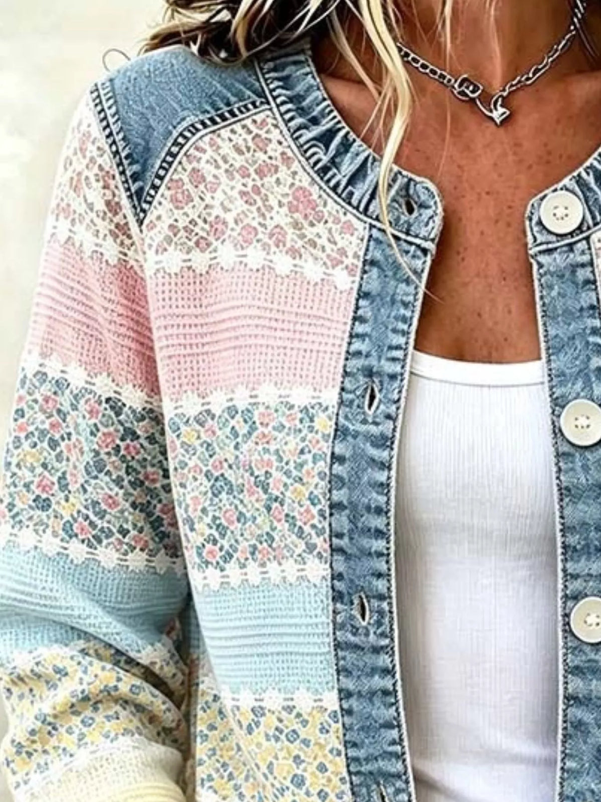 Full Size Floral Patchwork Denim Trim Jacket Plus Size - Lilixa.store