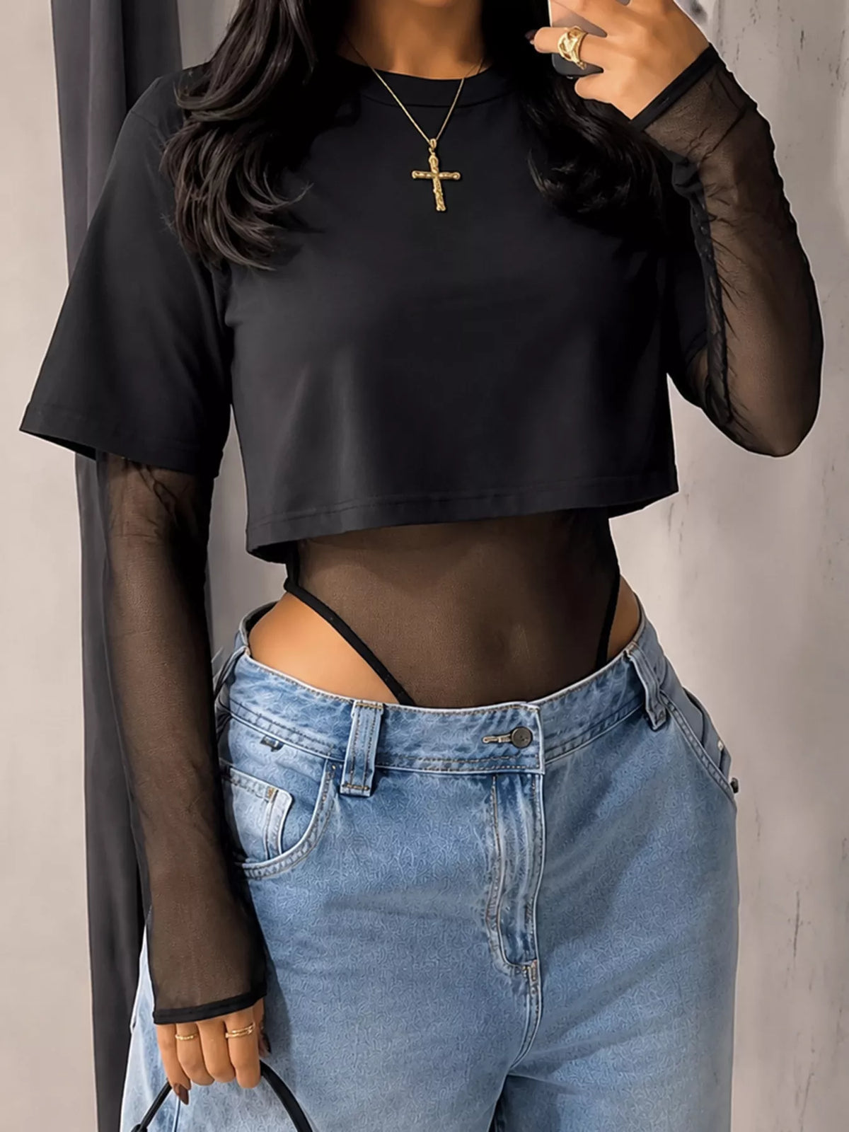 Sheer Mesh Long Sleeve Bodysuit - Lilixa.store