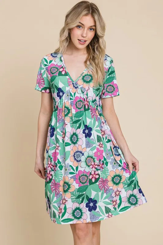 BOMBOM Ruched Floral V-Neck Short Sleeve Dress - Lilixa.store