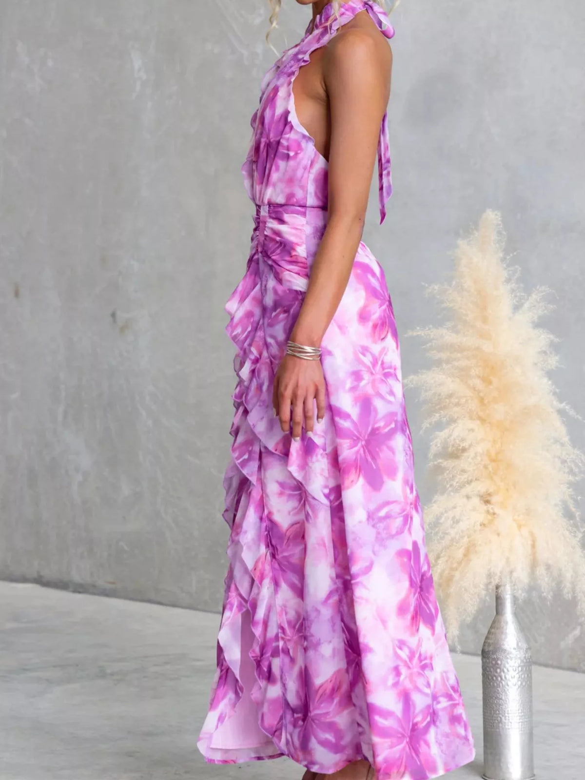 Floral Print Ruffle Halter Neck Maxi Dress - Lilixa.store