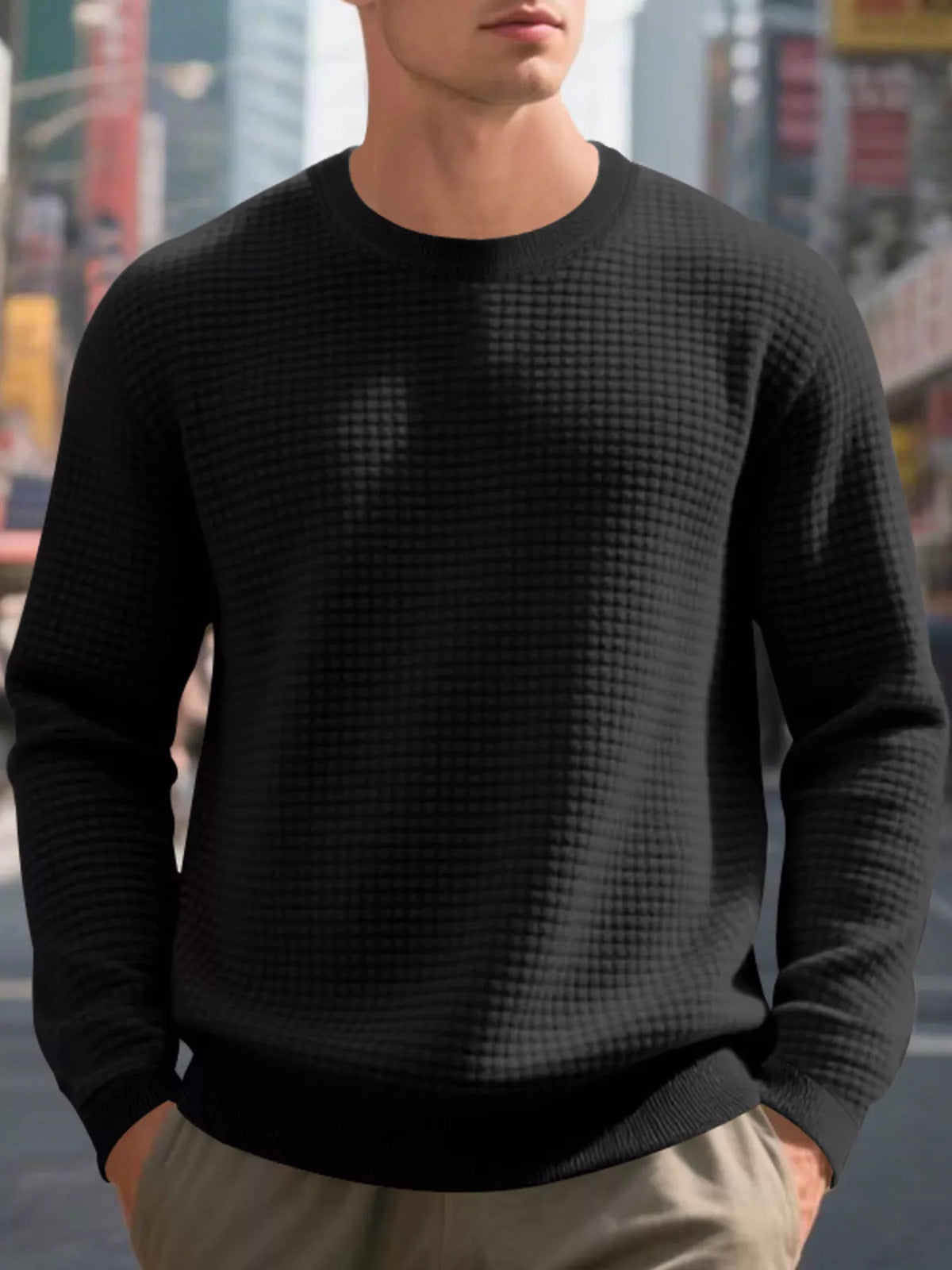 Men's Full Size Classic Waffle-Knit Crew Neck Sweatshirt Plus Size - Lilixa.store