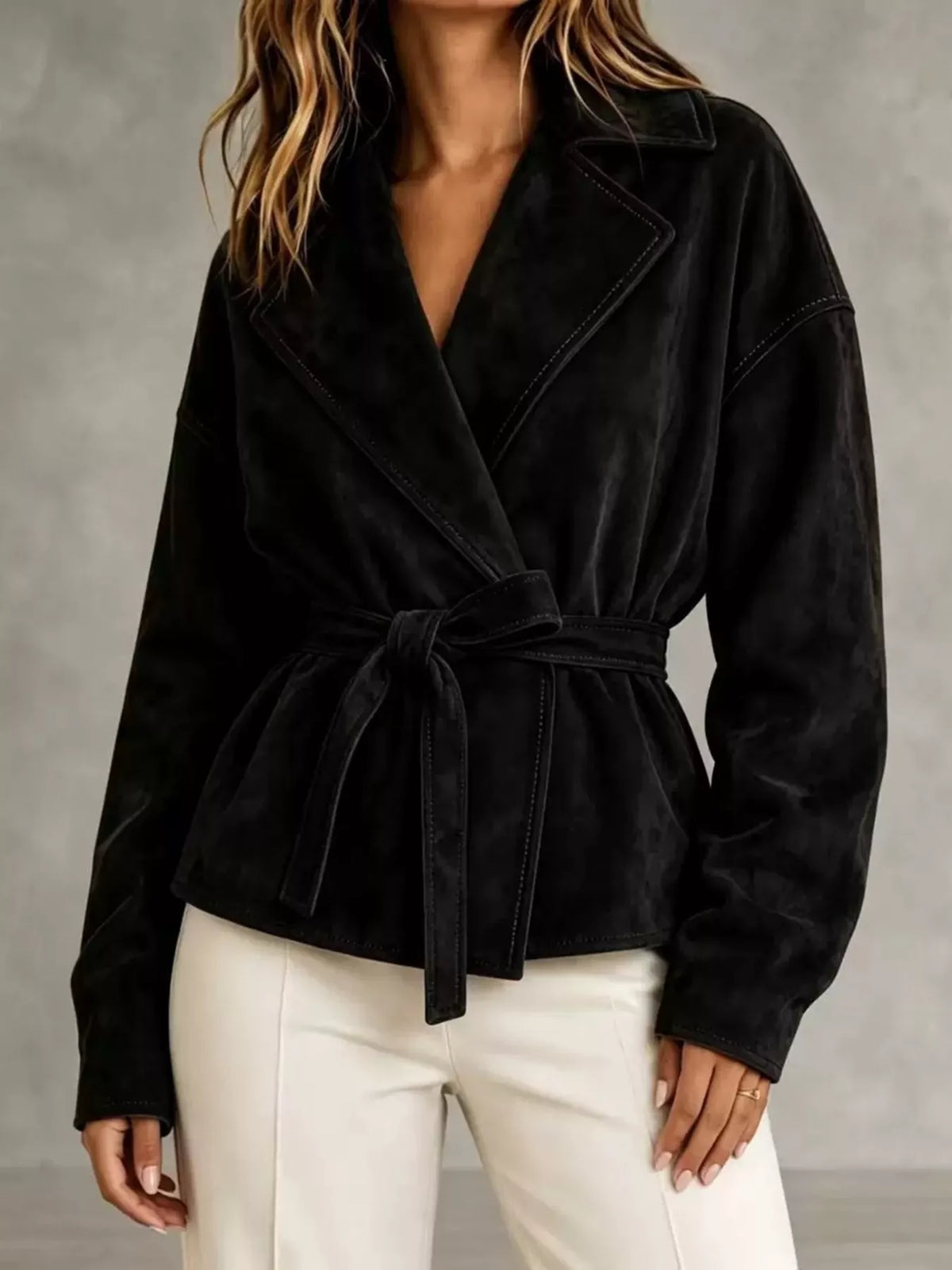 Tie-Waist Lapel Collar Jacket in Black