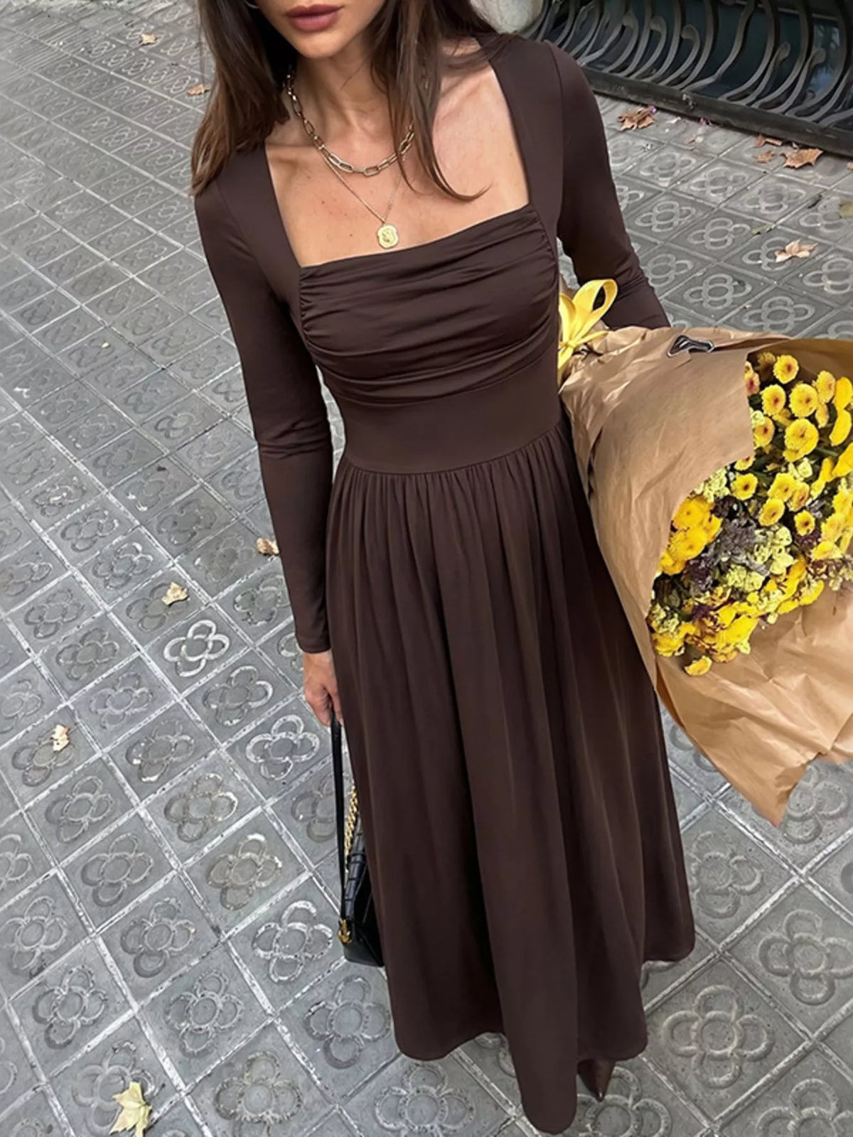 Ruched Square Neck Long Sleeve Maxi Dress