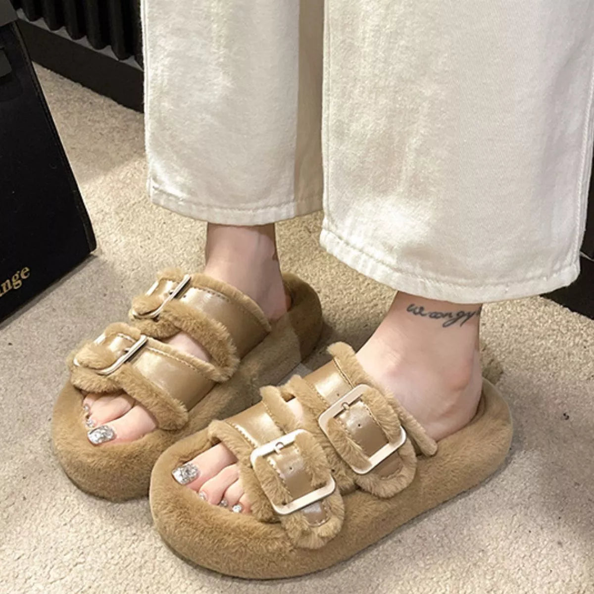 Fuzzy Buckle Detail Slippers - Lilixa.store