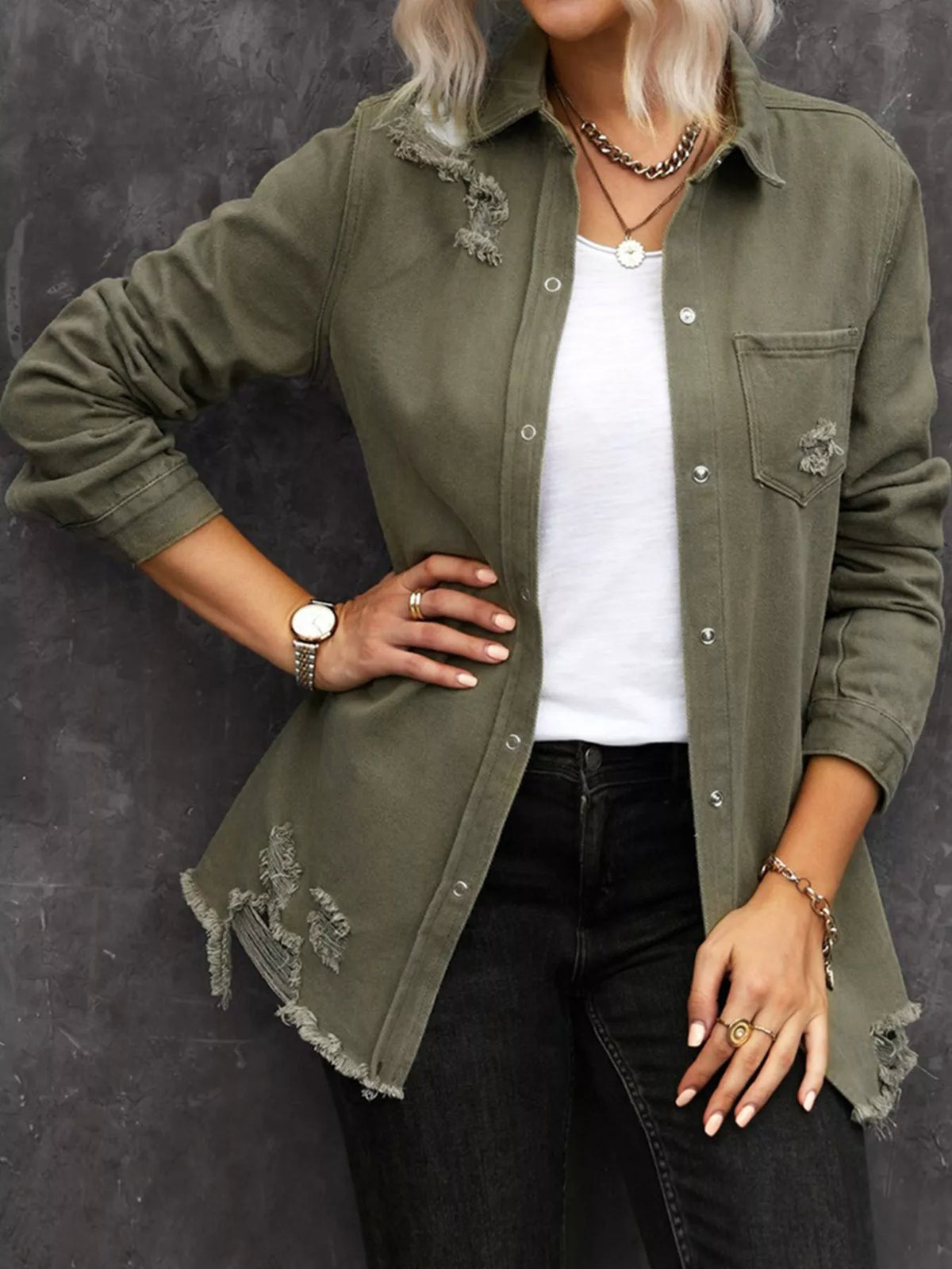 Raw Hem Distressed Denim Shirt Jacket in Army Green
