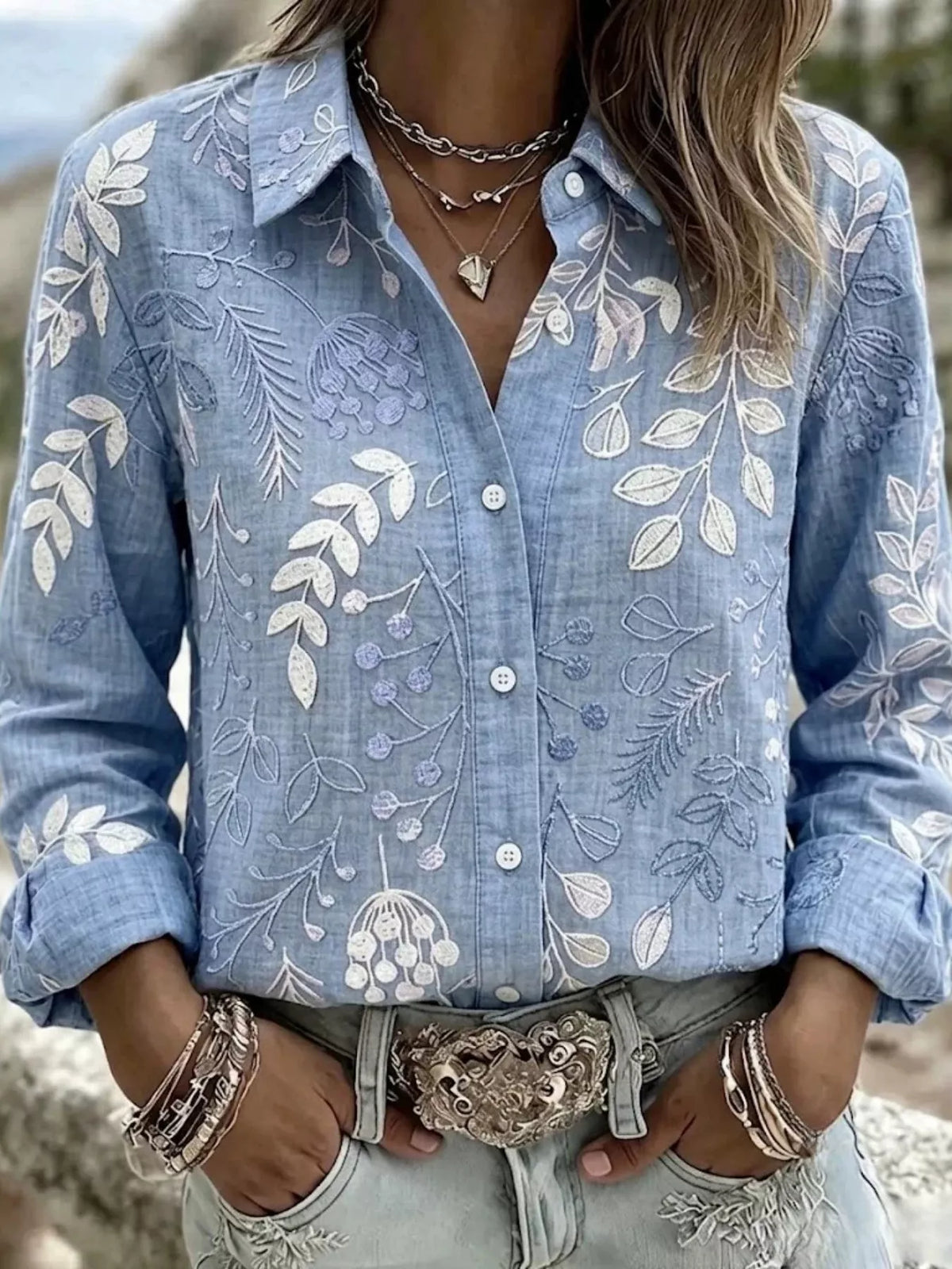 Full Size Leaf Embroidered Button-Down Shirt Plus Size in Light Blue