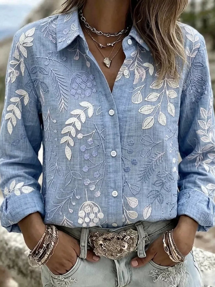Full Size Leaf Embroidered Button-Down Shirt Plus Size in Light Blue