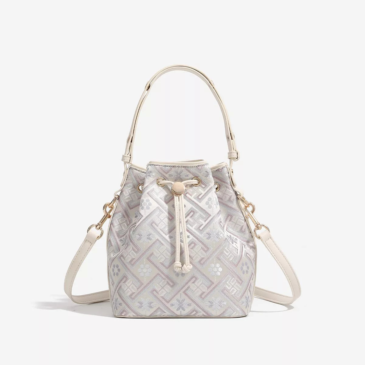 Geometric Pattern Drawstring Crossbody Bucket Bag