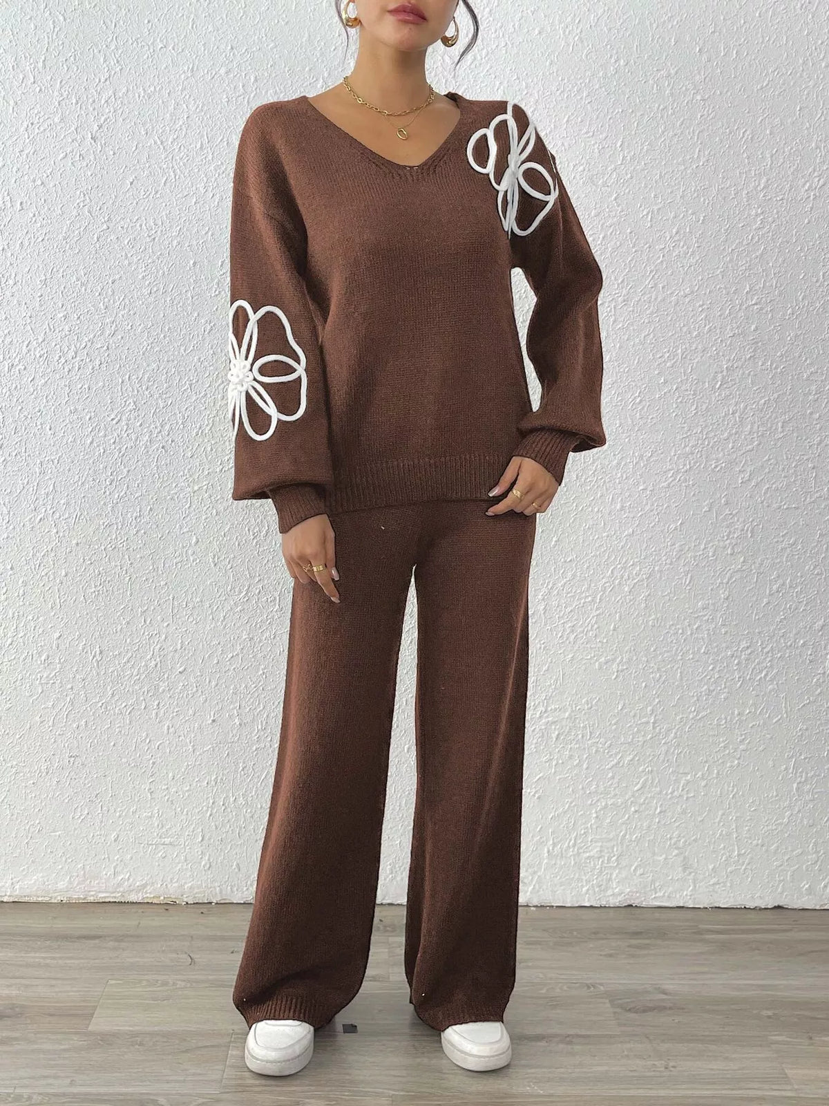 V-Neck Dropped Shoulder Top and Pants Sweater Set