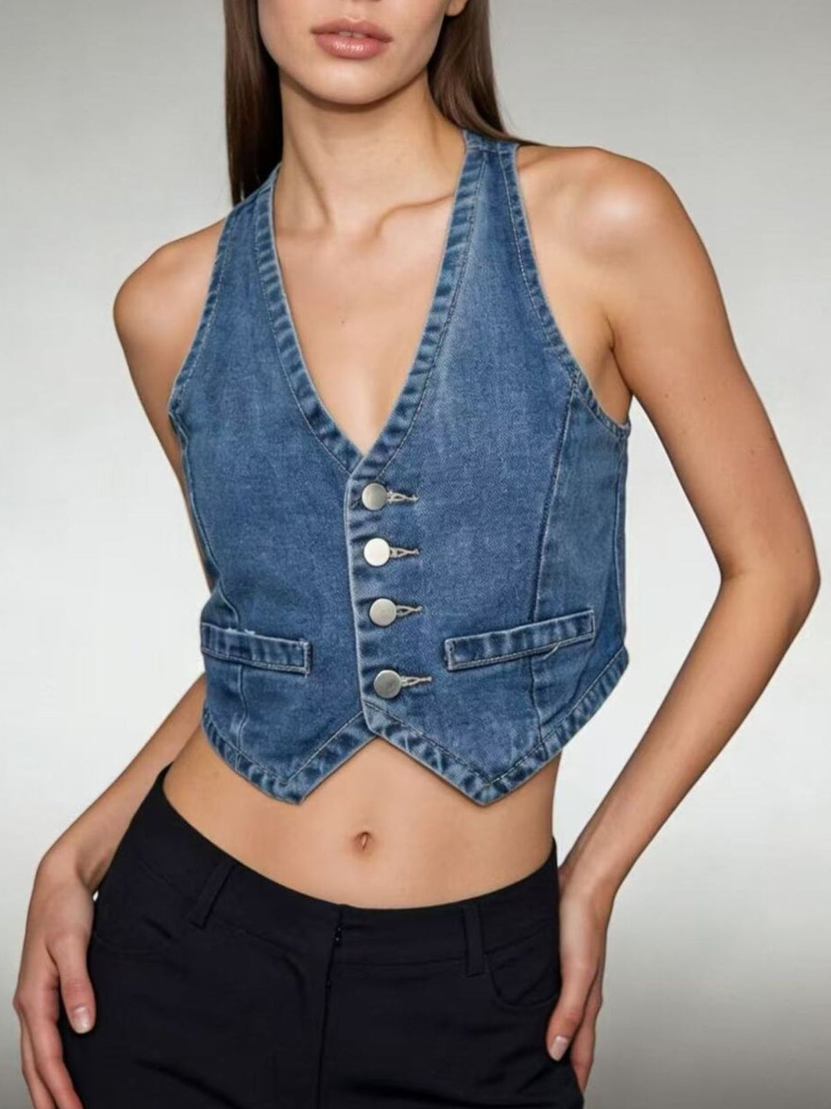 Button-Down Denim Vest - Lilixa.store