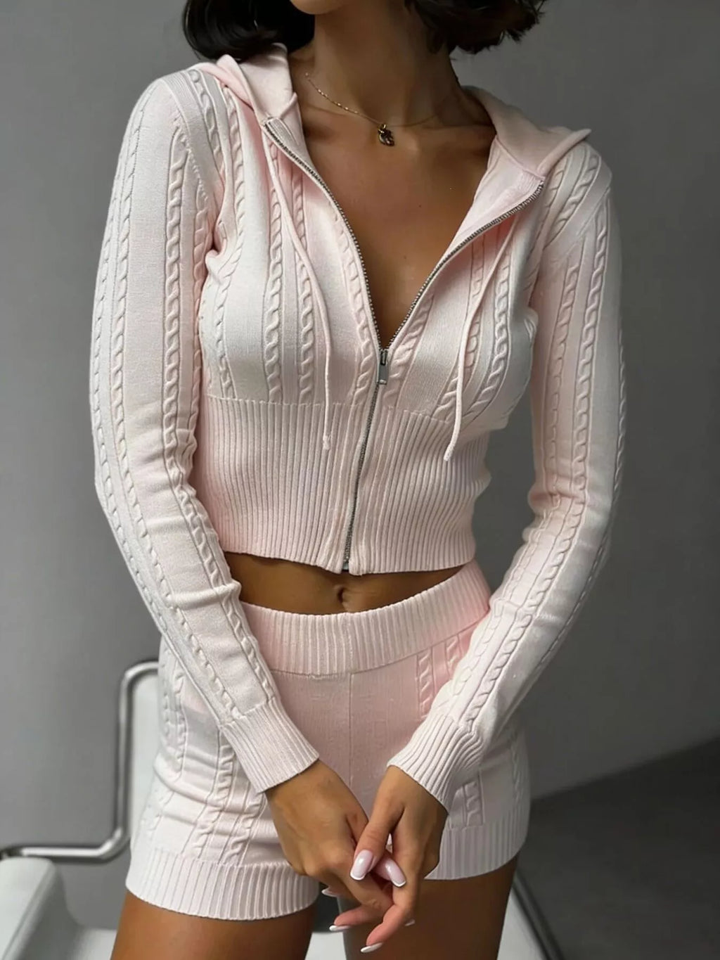 Cable Knit Zip-Up Hooded Top and Shorts Lounge Set - Lilixa.store