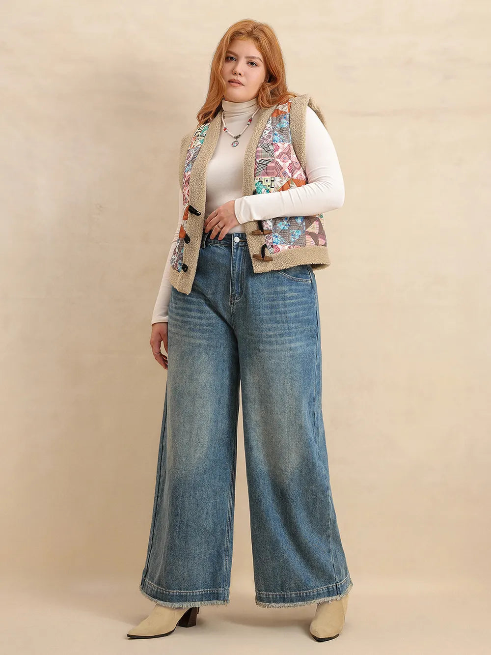 Plus Size Printed Sherpa Vest Coat in Multicolor, view 7