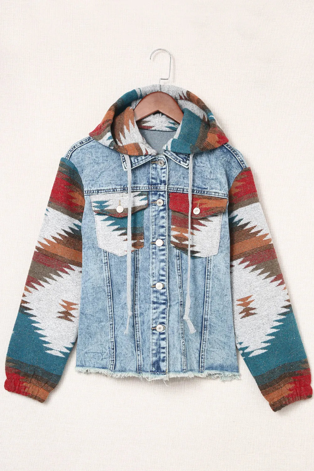 Drawstring Hooded Pocketed Denim Jacket, view 9