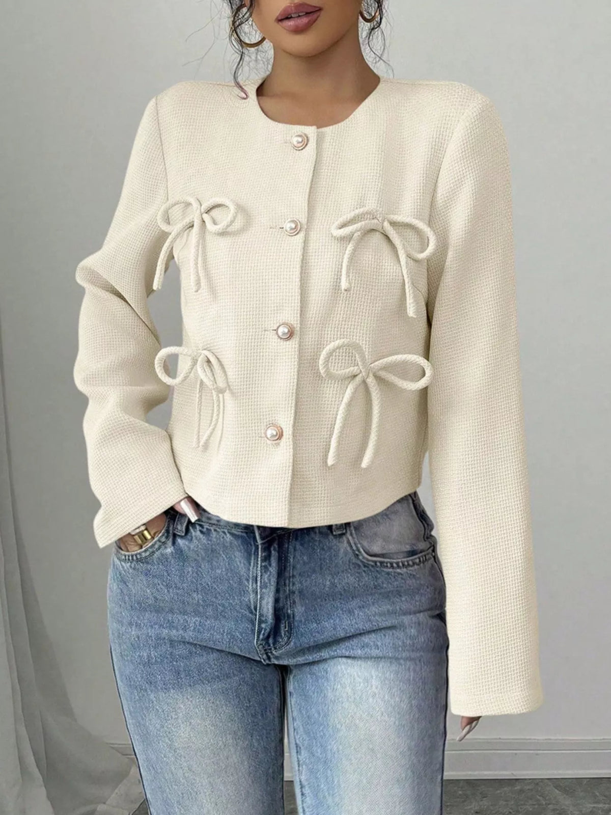 Bow Detail Cropped Outerwear in Apricot
