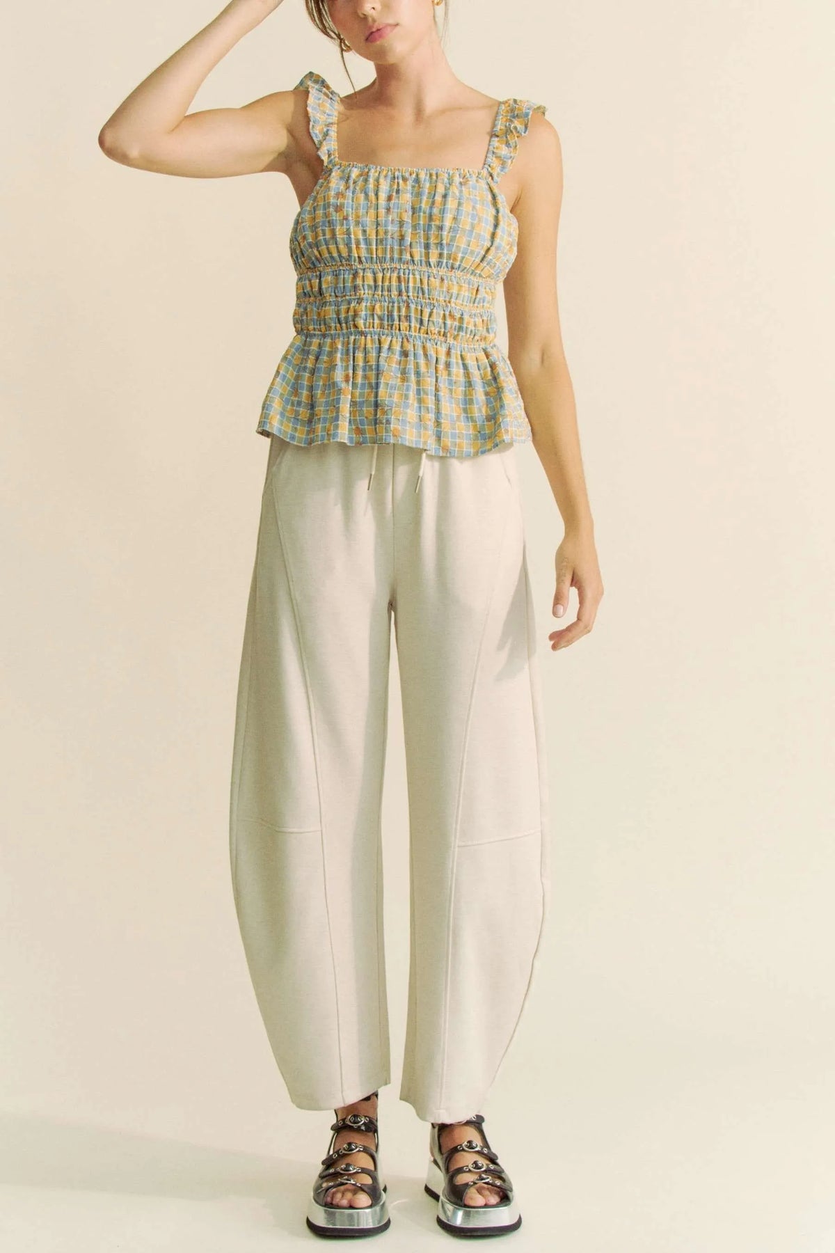 Davi & Dani Plaid Ruffled Strap Smocked Sleeveless Top - Lilixa.store