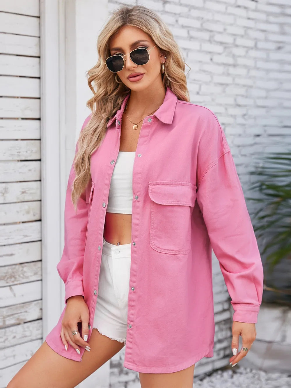 Pocketed Snap Down Dropped Shoulder Denim Shacket, view 6