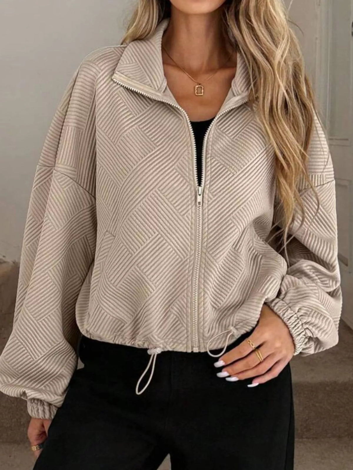 Textured Zip-Up Drawstring Hem Jacket in Khaki