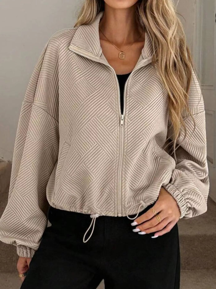 Textured Zip-Up Drawstring Hem Jacket in Khaki