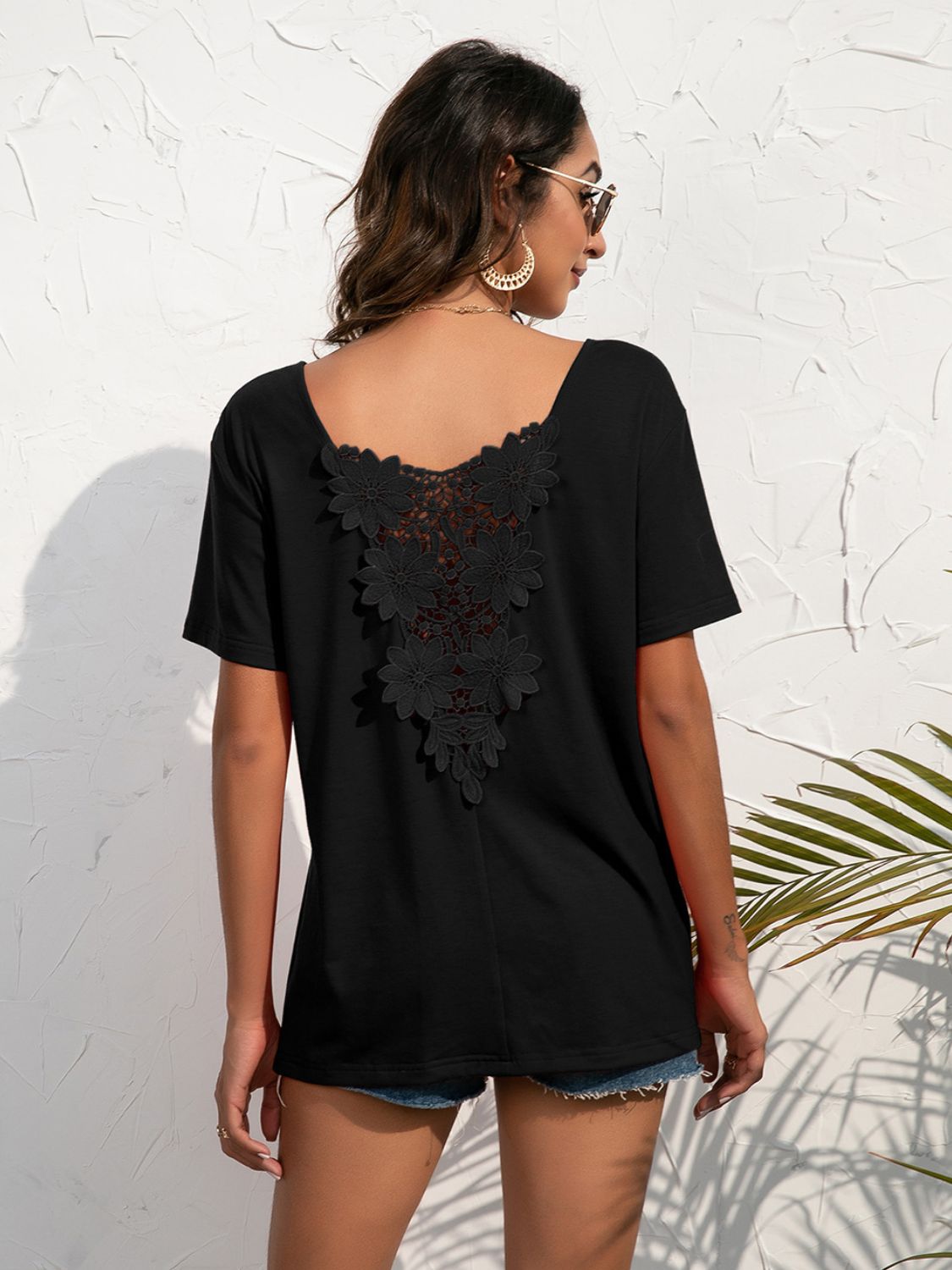Ivy Lane Lace Trim Short Sleeve Top in Black